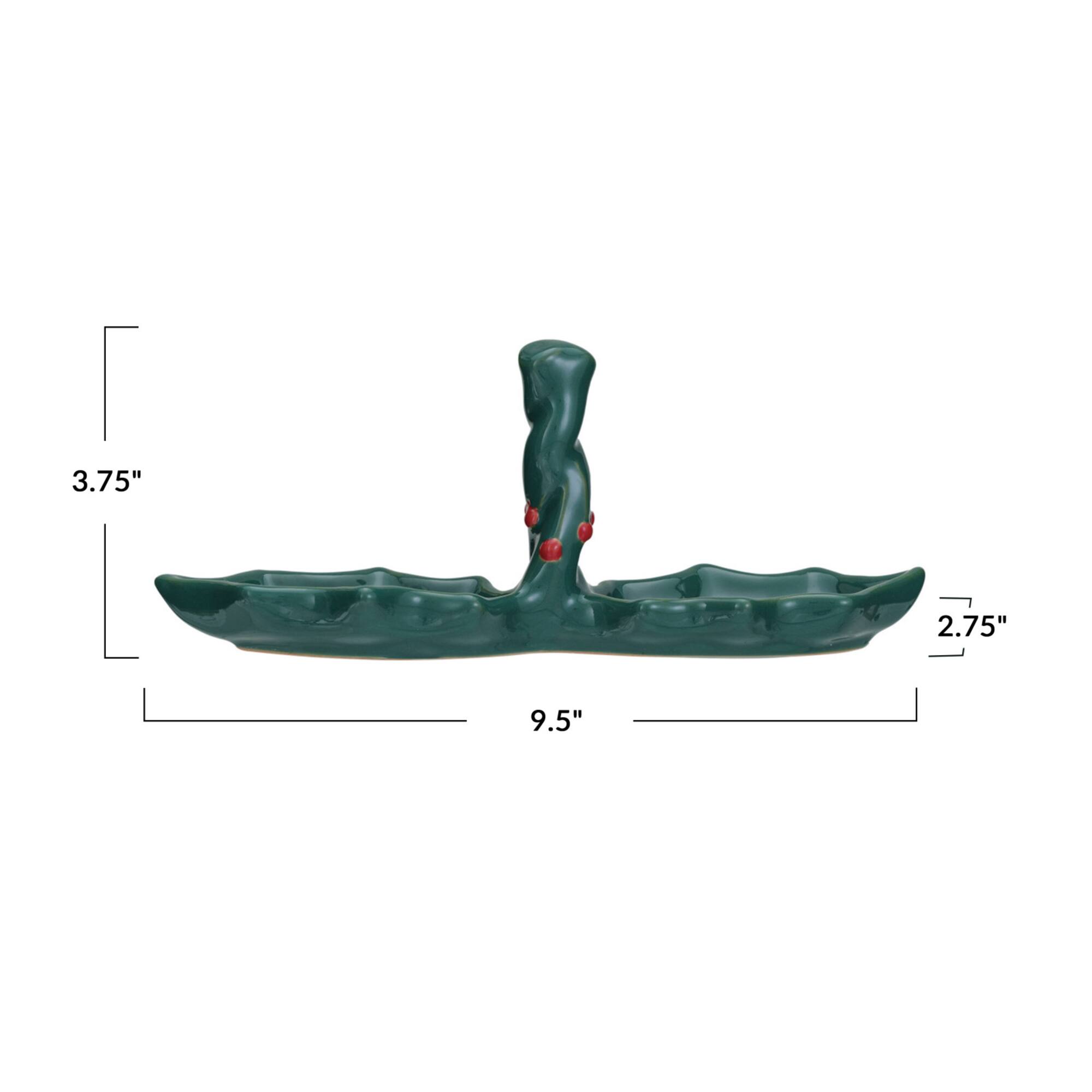 Hello Honey® 9.5" Green & Red Stoneware Holly Shaped Dish with 2 Sections & Handle